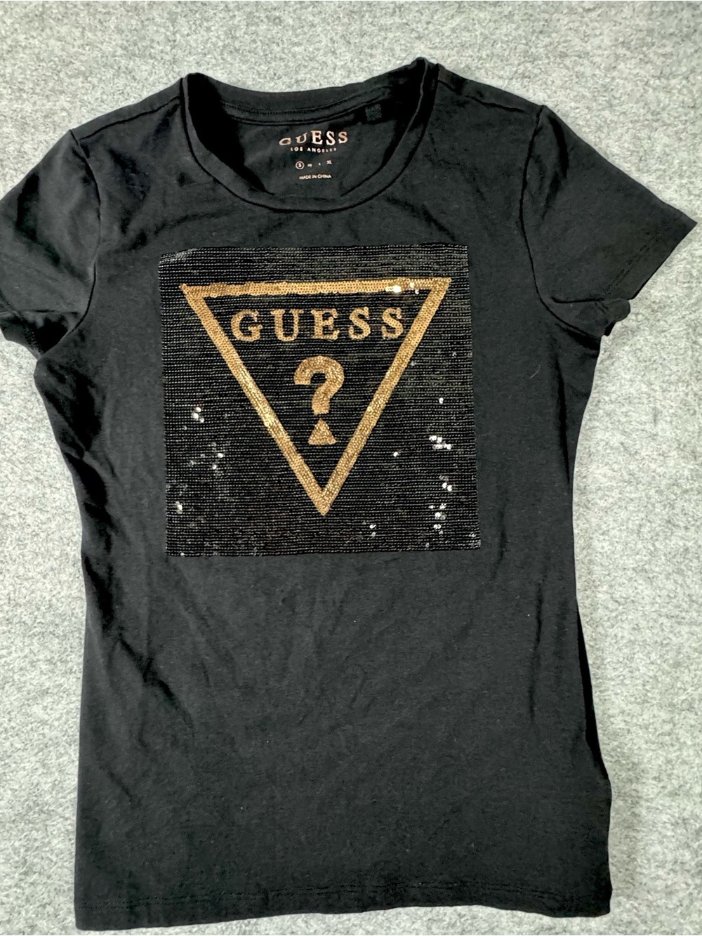 GUESS Black Short Sleeve Tee with Gold Sequin Logo